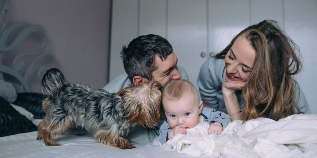 Family playing on bed in the bedroom