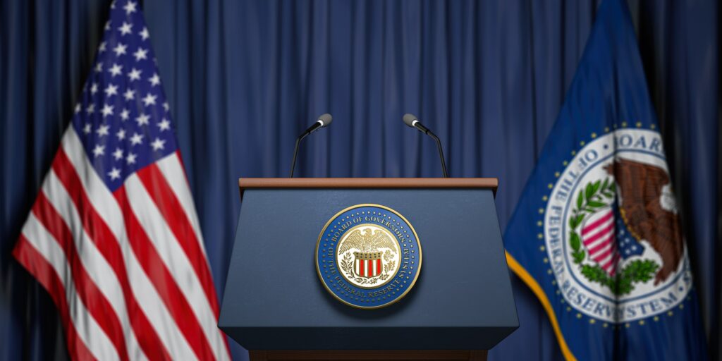 Federal Reserve System Fed of USA chairman press conference concept.