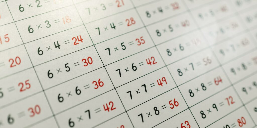 Montessori panel with mathematical operations to learn multiplication tables in a school.