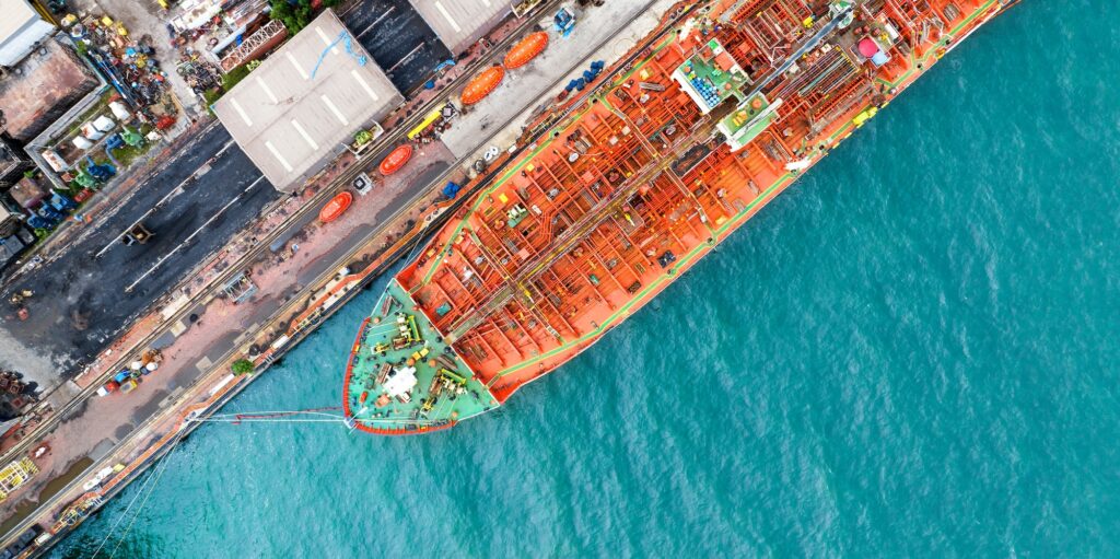 Oil Crude Gas Tanker Ship, Cargo container Ship offshore mooring at Ocean Bay Petroleum Chemical
