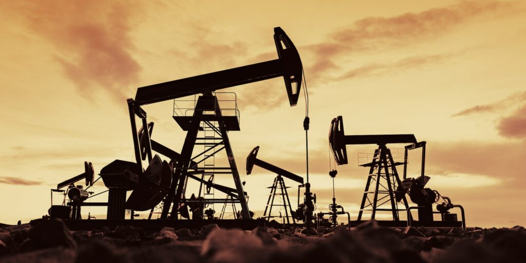 Oil pump jack work on oilfield petroleum extraction