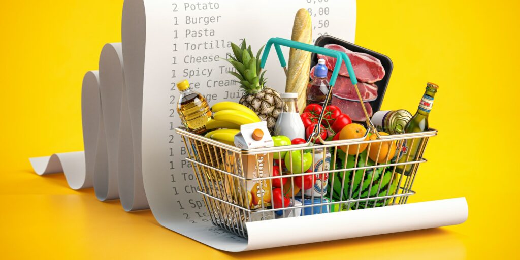 Shopping basket with foods on receipt. Grocery expenses budget, inflation and consumerism concept.