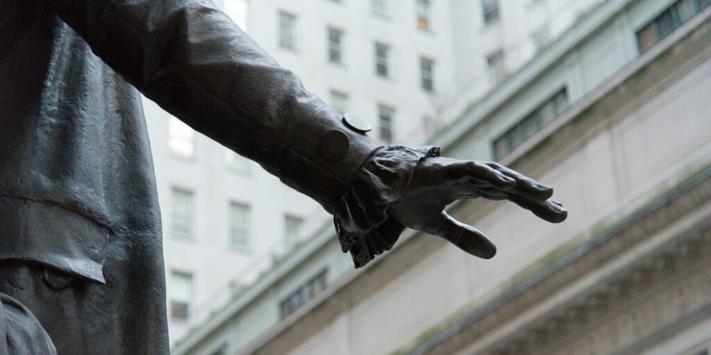 George Washington hand at Federal Hall on Wall Street, New York City.