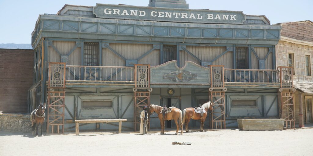 Cowboys and horses on wild west film set, Fort Bravo, Tabernas, Almeria, Spain