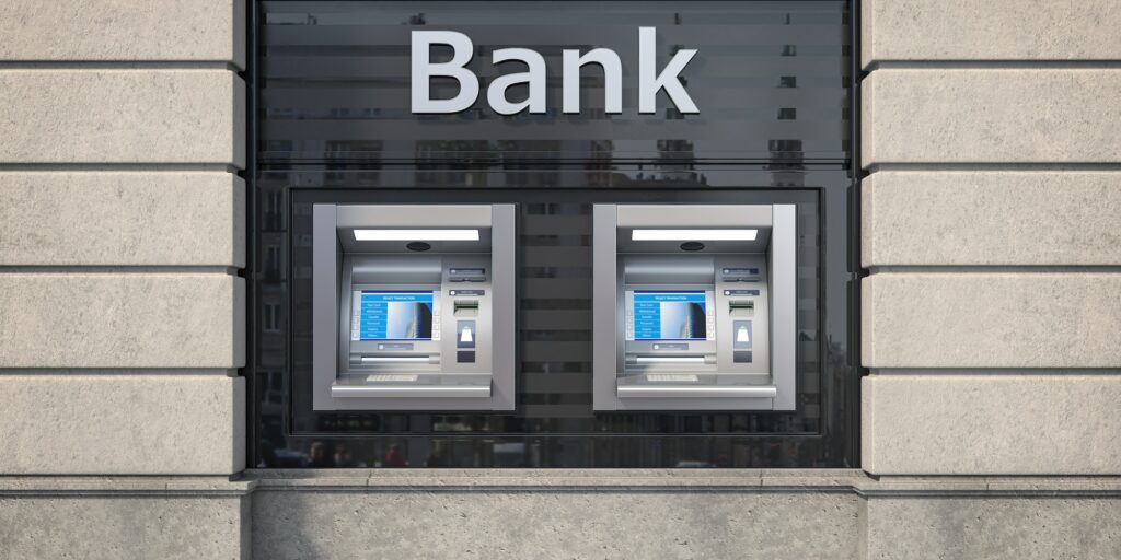 Bank ATM automatic teller machines for money withdrawing. The s
