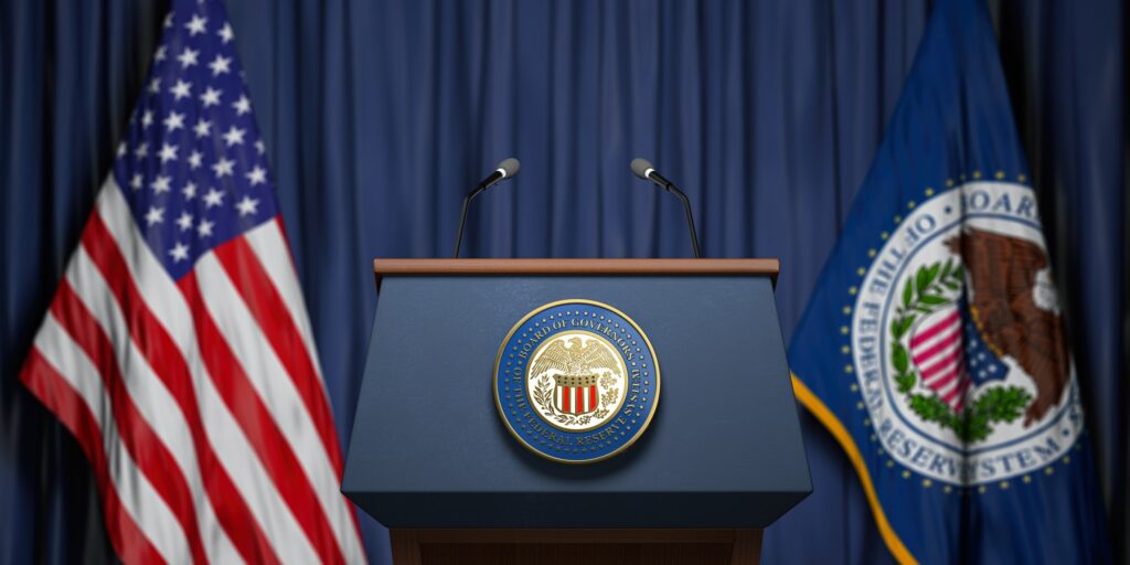 Federal Reserve System Fed of USA chairman press conference concept.