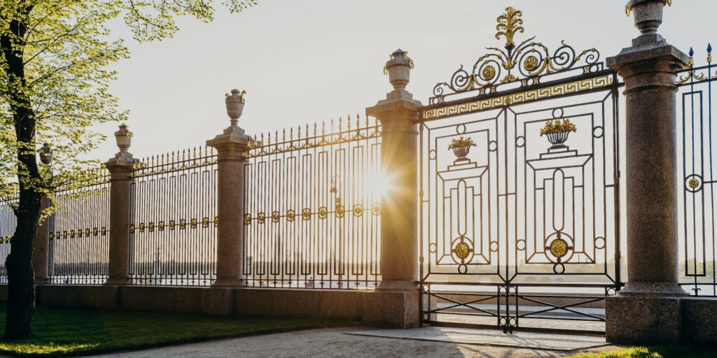 Gates of Summer Garden in Russia, Saint Petersburg. Sunny spring day