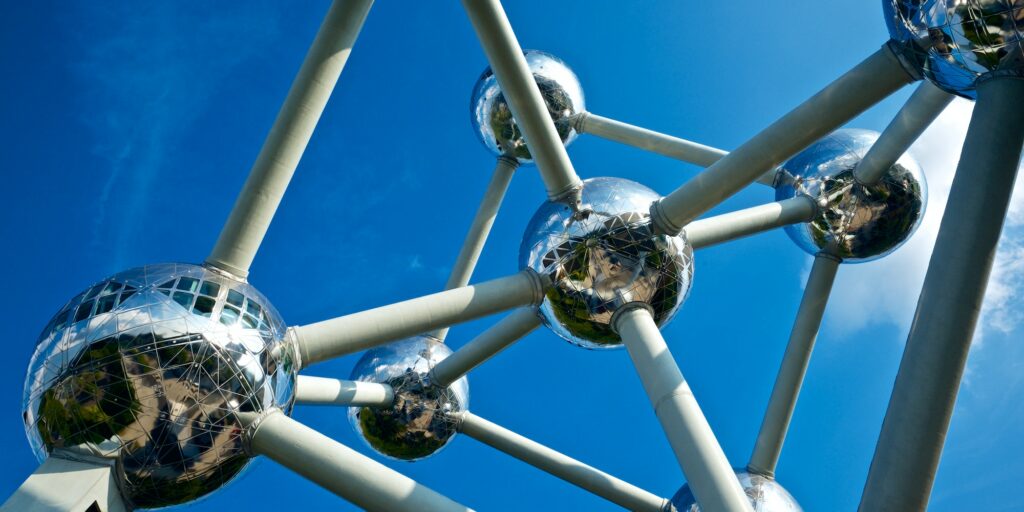 A low angle of the Atomium landmark in Brussels, Belgium
