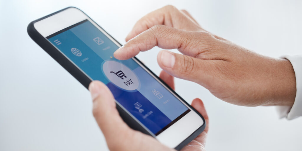 Smartphone, ecommerce and mobile app payment, fintech and digital store, money and banking, data or