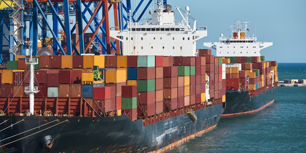 Containers on a vessel. Global market. Cargo shipping. Logistic