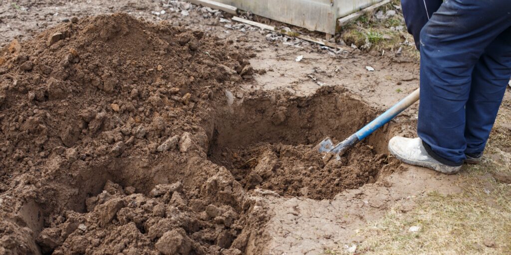 man digging a hole for planting a fruit tree in the garden