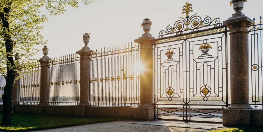 Gates of Summer Garden in Russia, Saint Petersburg. Sunny spring day