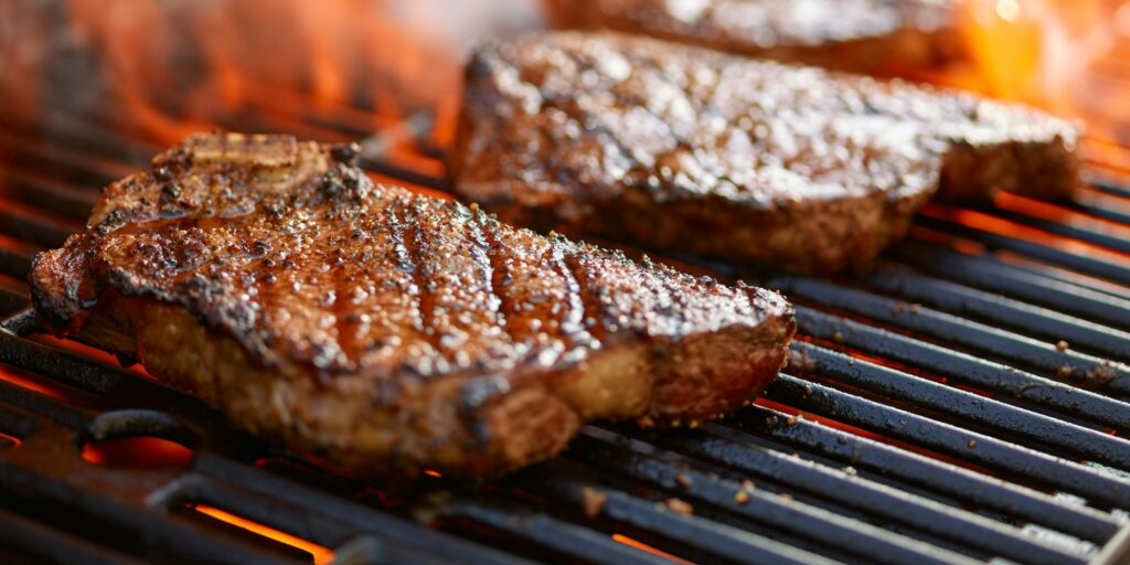 grilling steaks on flaming grill and shot with selective focus