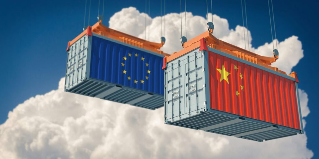 Two freight container with European Union and China flag