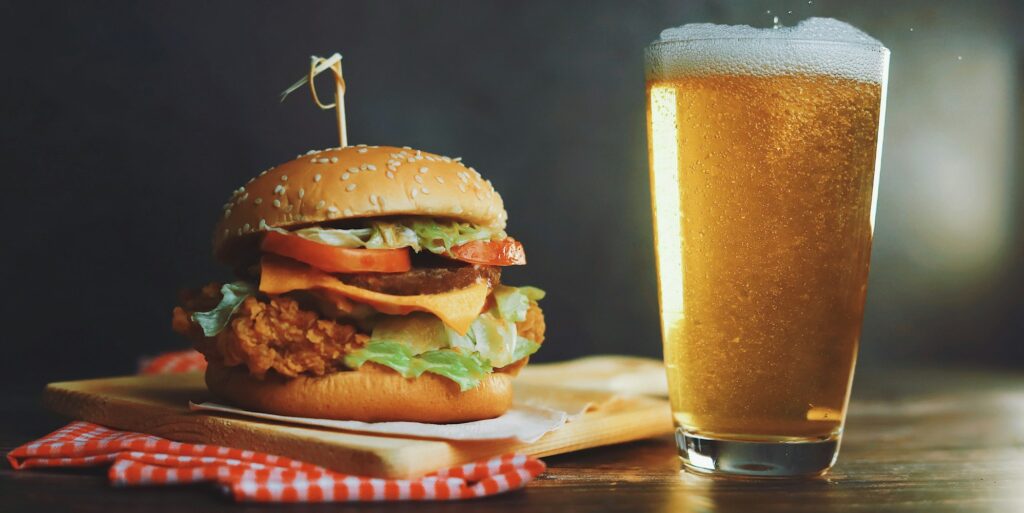 glass of beer and hamburger