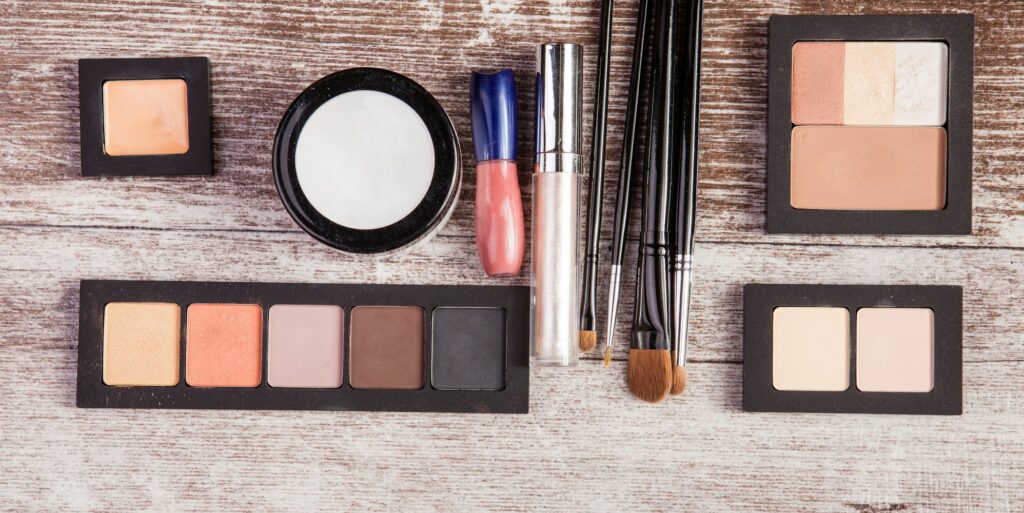 Make up products on wooden table