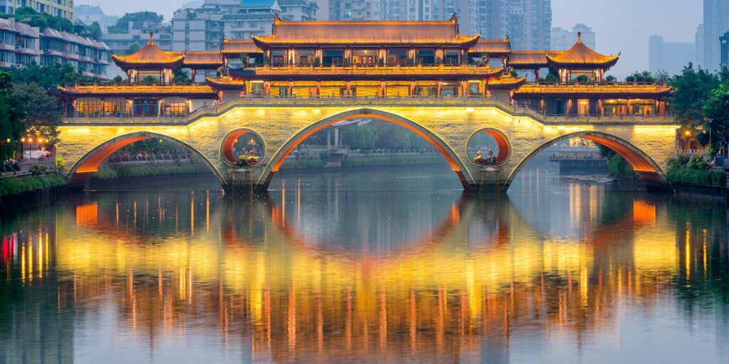 Chengdu, China River and Bridge