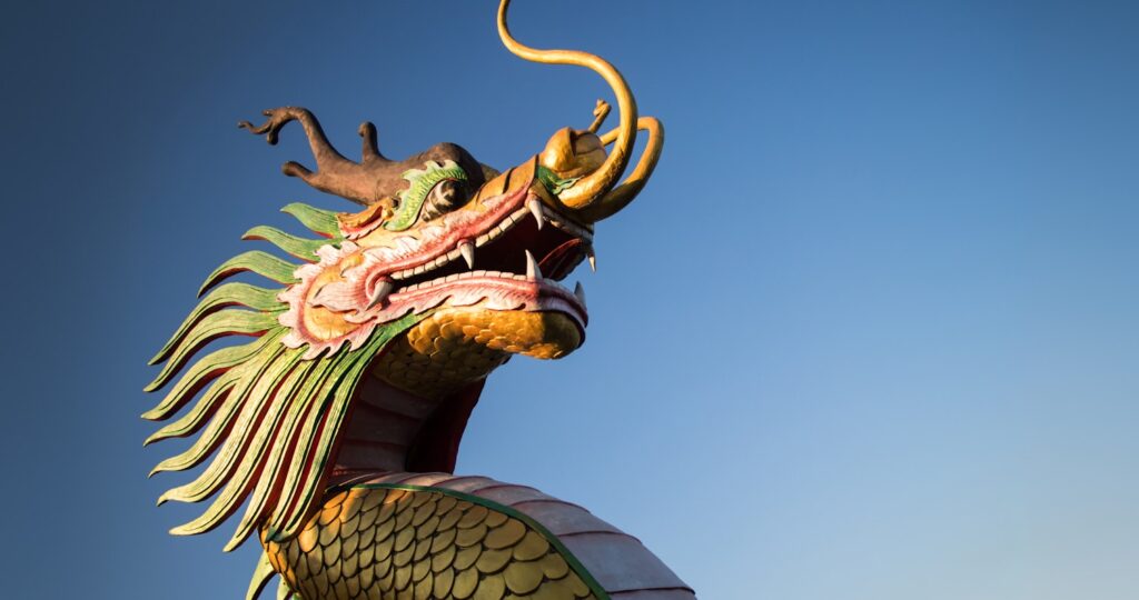Chinese New Year Dragon Decoration on blue sky background.Chinese