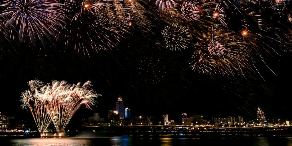Fireworks light up the sky with dazzling display on dark background in taipei
