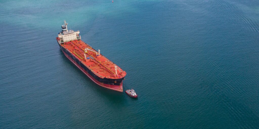 Aerial drone photo of industrial fuel and petrochemical tanker cruising sea