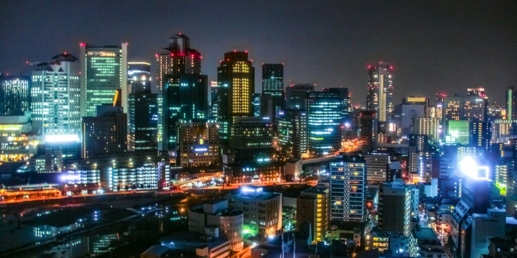 Osaka, Japan at night captured in long exposure. 3rd largest city in Japan after Tokyo and Yokohama.