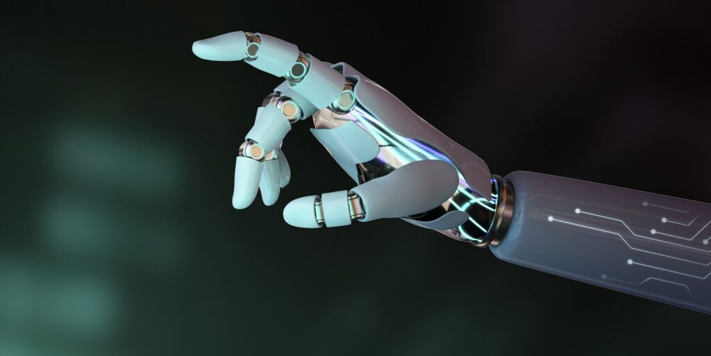Robot hand finger pointing, AI technology background