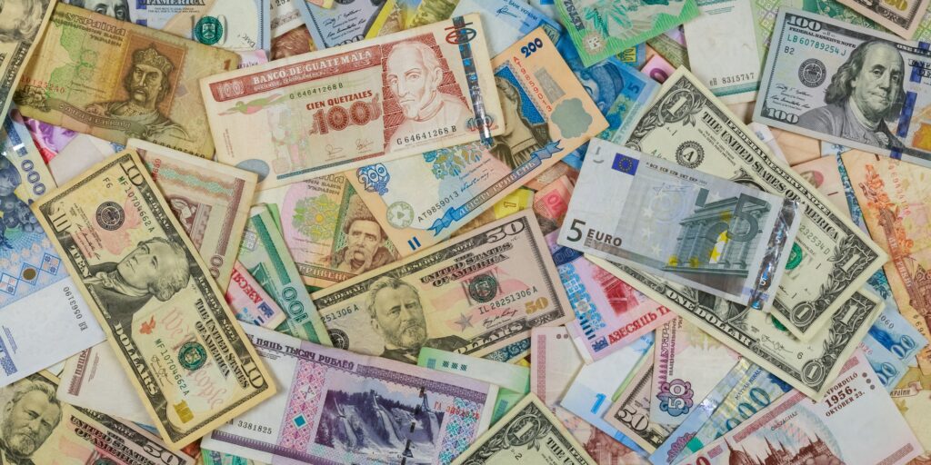 Close up of Various currency background of banknotes from different countries