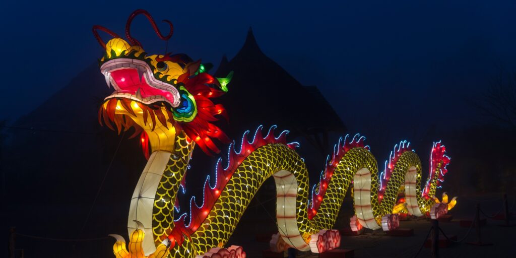 chinese dragon with lights in red and yellow