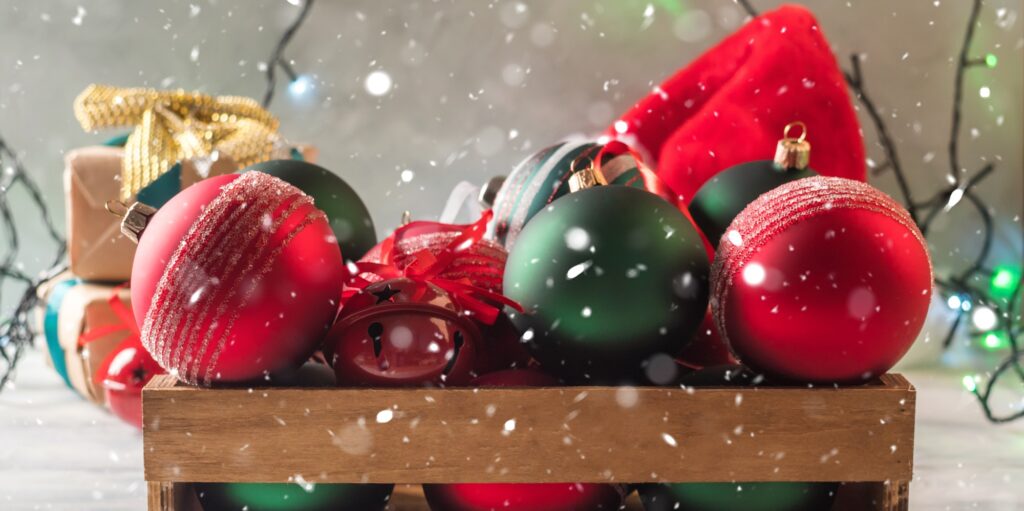 Christmas red and green decor in wooden box