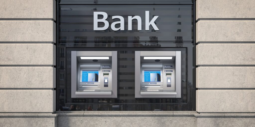 Bank ATM automatic teller machines for money withdrawing. The s