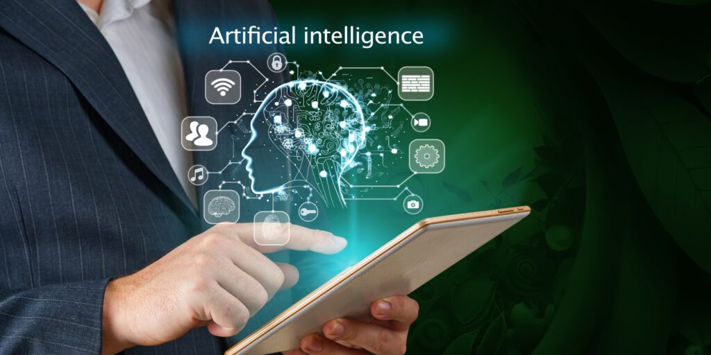 Businessman working on tablet using ai. Business technology, IoT Internet of Things, ai concept