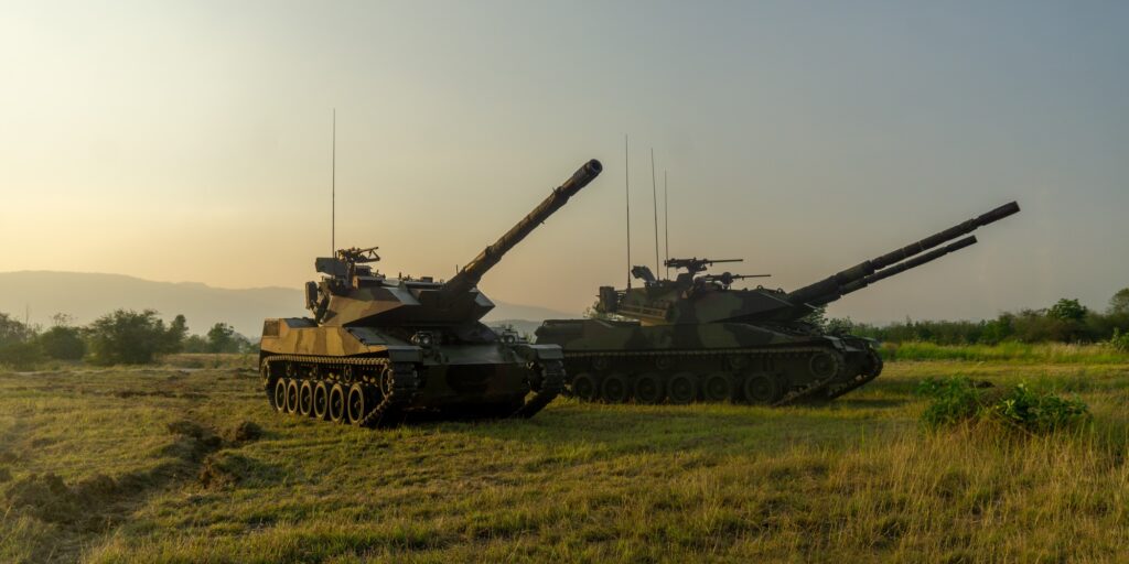 military equipment, Soldiers with weapons on military combat training.