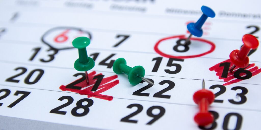 Calendar, diary with marks of significant and special dates.