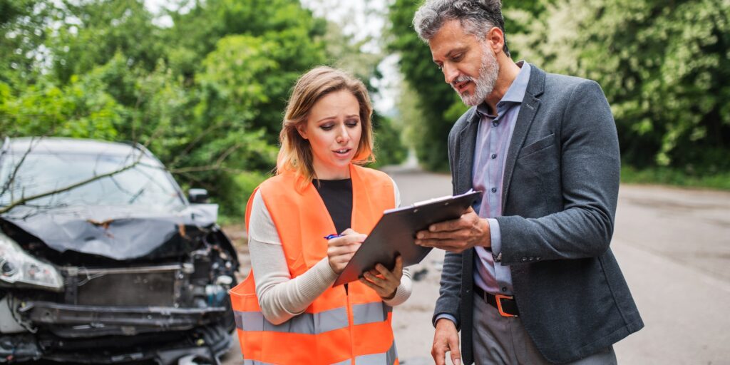 An insurance agent talking to a woman outside on the road after a car accident.