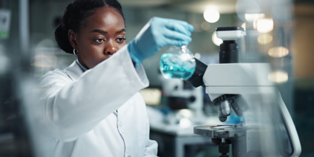 Black woman, scientist and chemical for lab research and medical study with pharma investigation. V