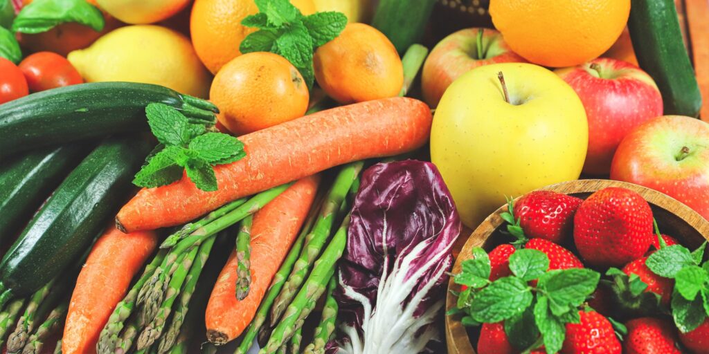 composition of fruits and vegetables - view from above