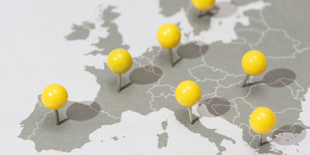 Europe map with yellow pushpins