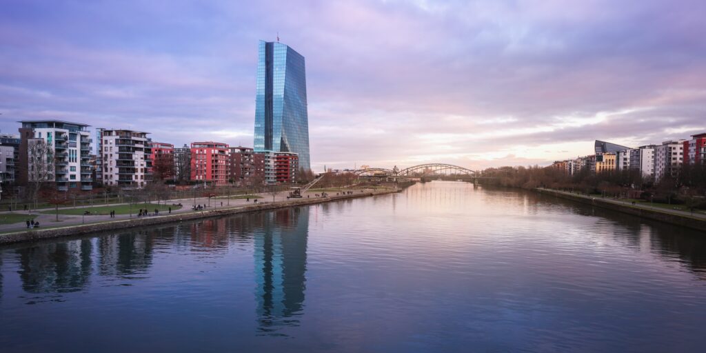 Main River skyline at sunset with ECB Tower (European Central Bank) - Frankfurt, Germany