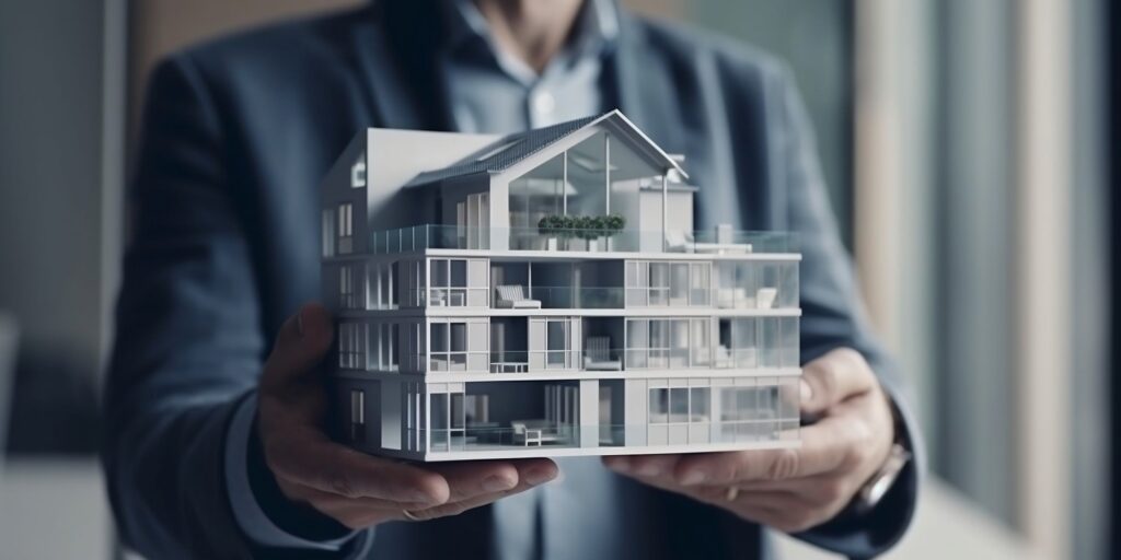 Real estate agent holding miniature building