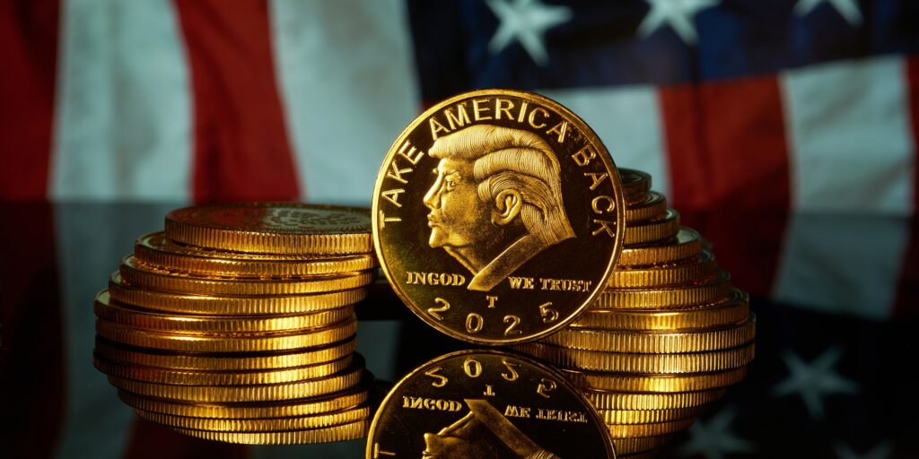 Collectible gold coins with presidential images and the United States flag.