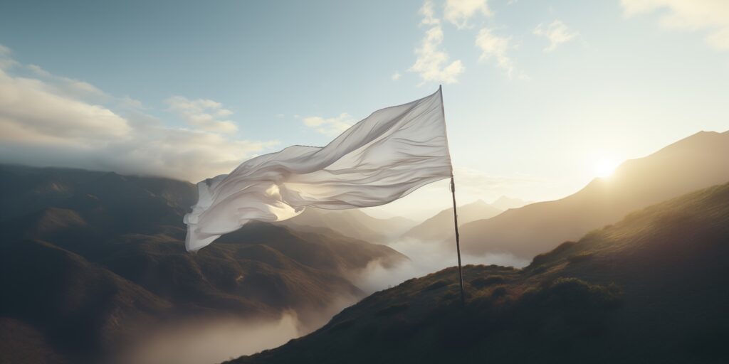 Surrendering the white flag on a mountain.