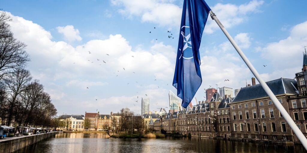 NATO flag in the center of Hague