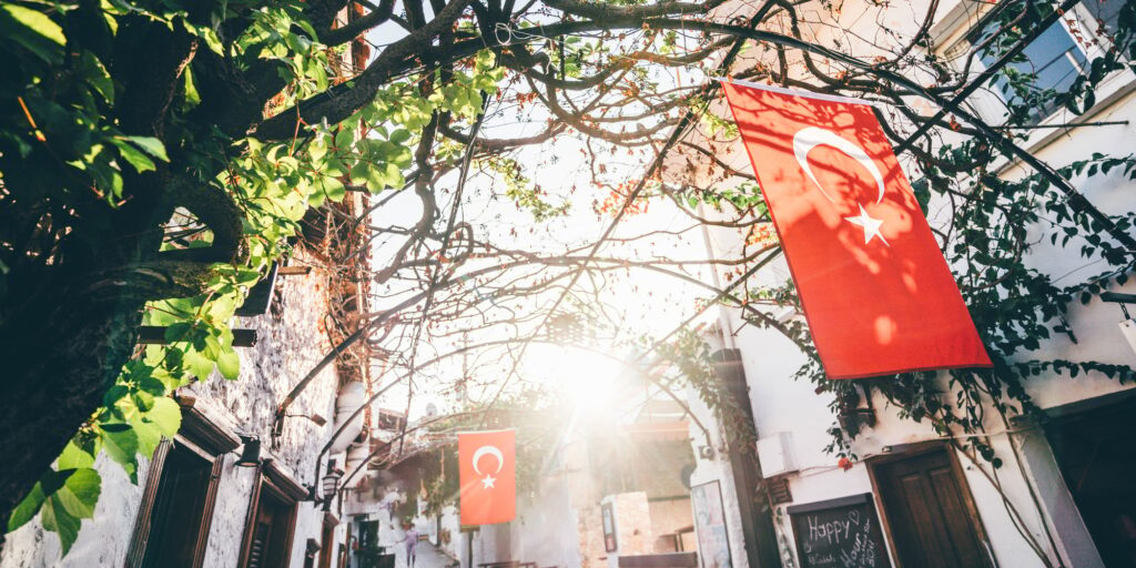 National holiday in Turkey and Turkish flags on the street.