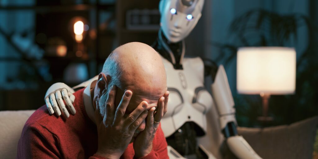 AI robot consoling a sad lonely man