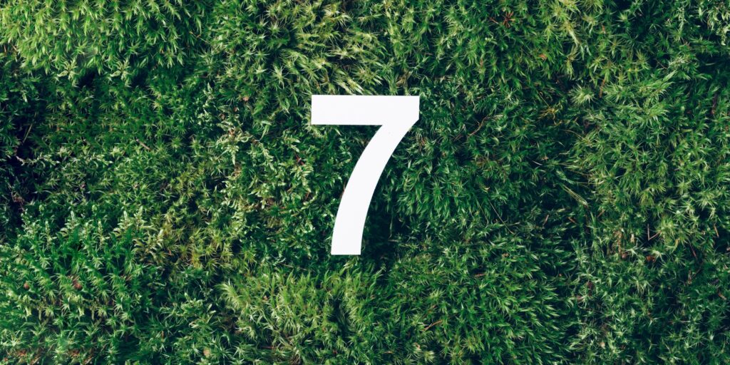 Ecology, zero waste. Green grass and digit seven 7. Birthday greeting card.