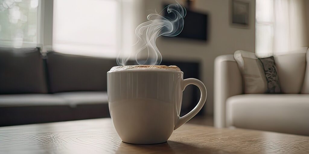 Hot cup of coffee on table at home