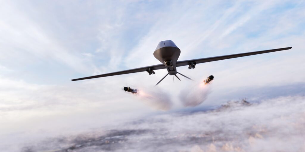 Military combat drone UAV launching missiles