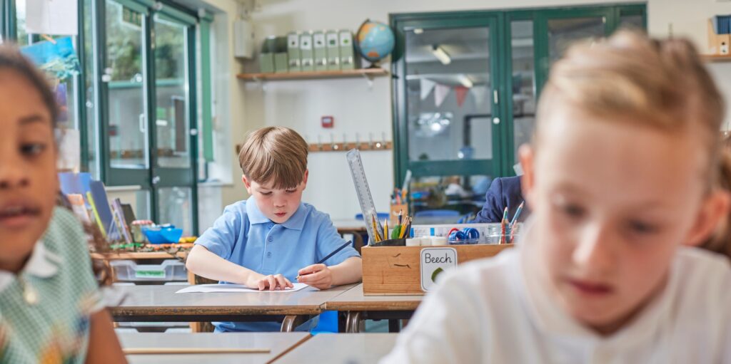 Primary schoolboy and girls doing schoolwork at classroom desks